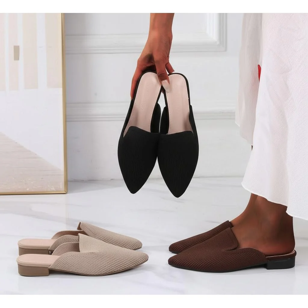 Women Point Toe Mule Flats, Elegant Black Fabric Flat Shoes - Image 4