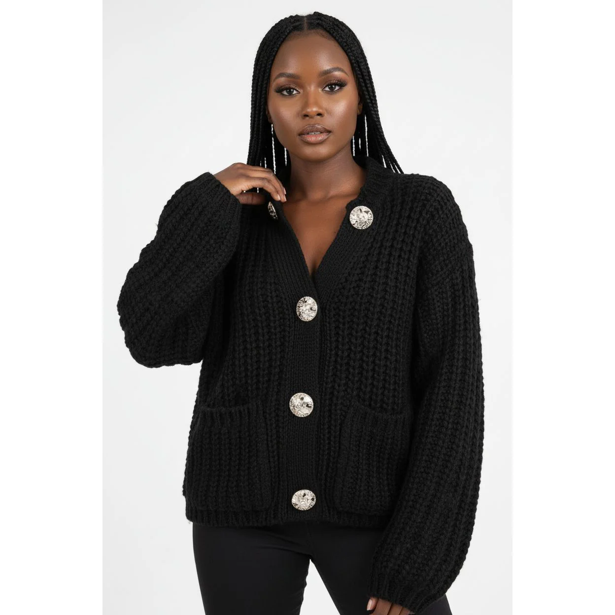 Women's Chunky Knit Cropped Long Sleeve Cardigans - Image 2