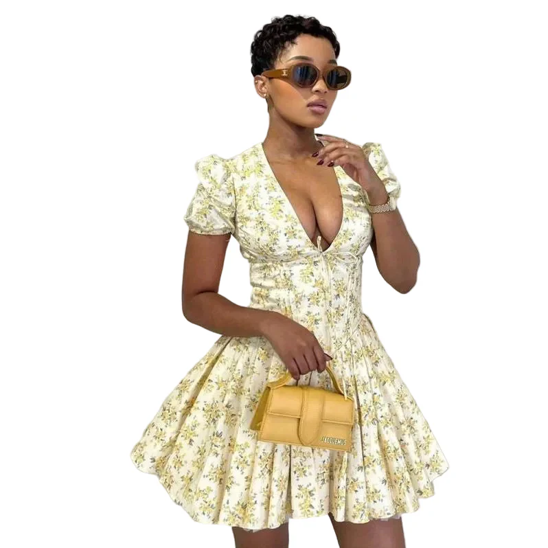 Women's Floral Print V-Neck Waist Fitted Short Sleeve Dress