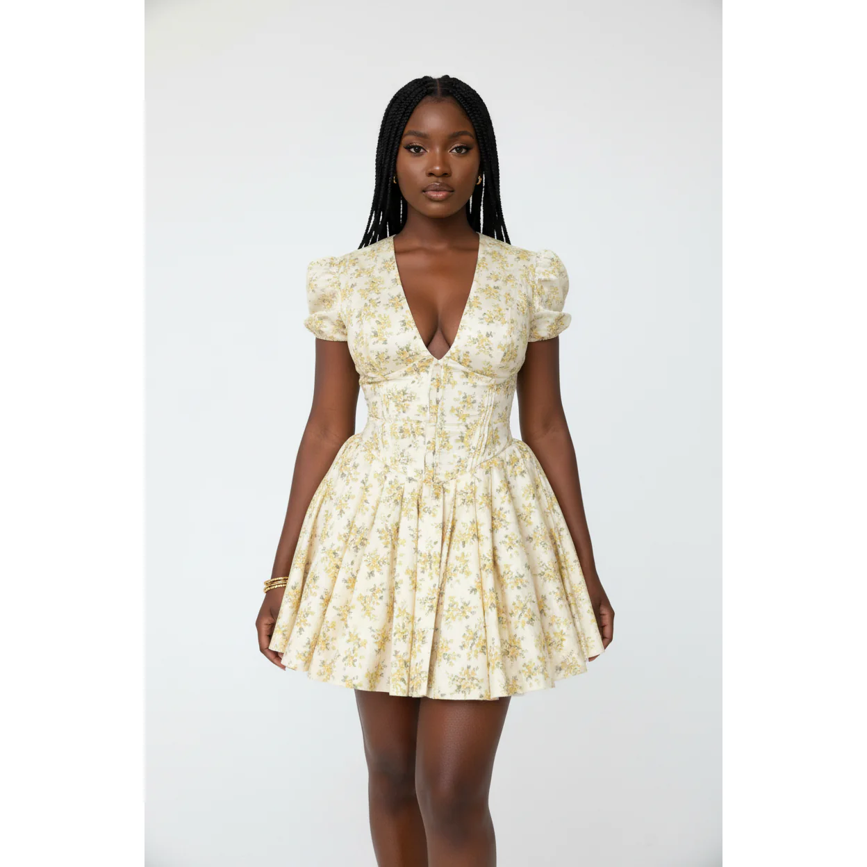 Women's Floral Print V-Neck Waist Fitted Short Sleeve Dress - Image 5