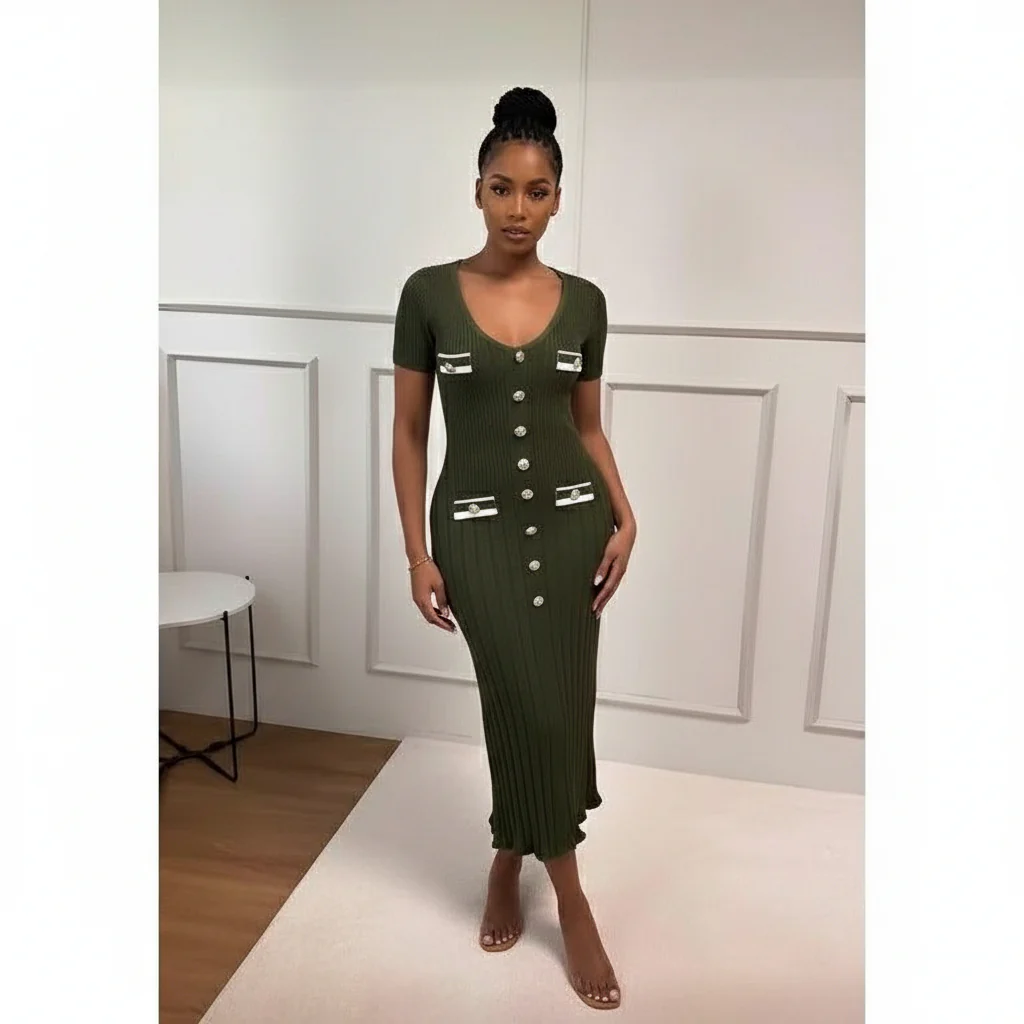 Women's Knit Short Sleeve V-Neck Casual Maxi Dresses - Image 4