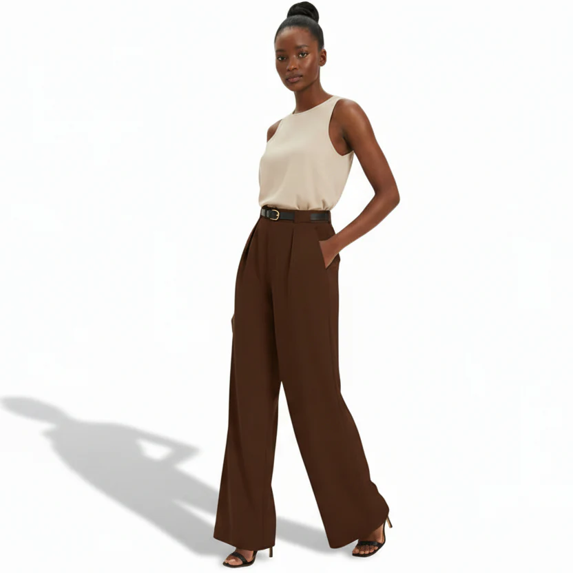 Women's Long Pleat Wide Straight-Leg Trousers - Image 5
