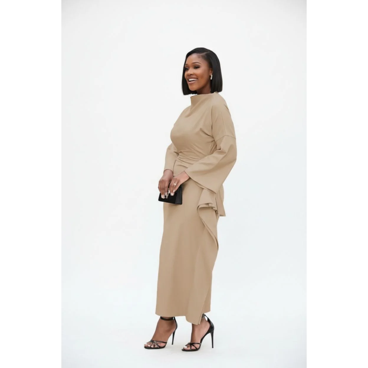 Women's Mock Neck Side Draped Cascading Dress - Image 4