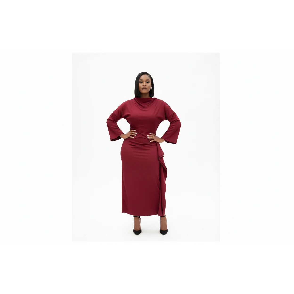 Women's Mock Neck Side Draped Cascading Dress - Image 5