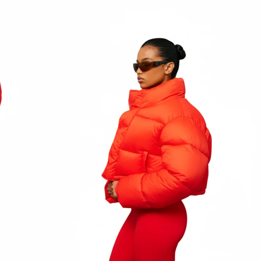 Women's Net Red Black Puffer Trench Coat - Image 3