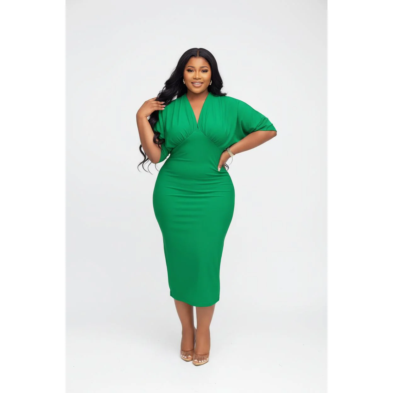 Plus Size Ruched Sleeves V-Neck Bodycon Dress - Image 2