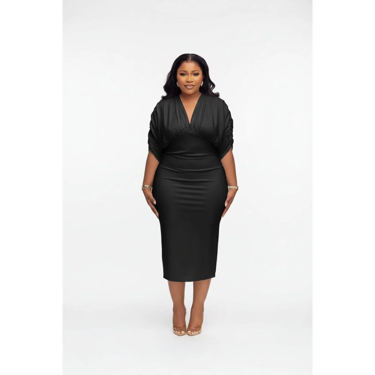 Plus Size Ruched Sleeves V-Neck Bodycon Dress - Image 3