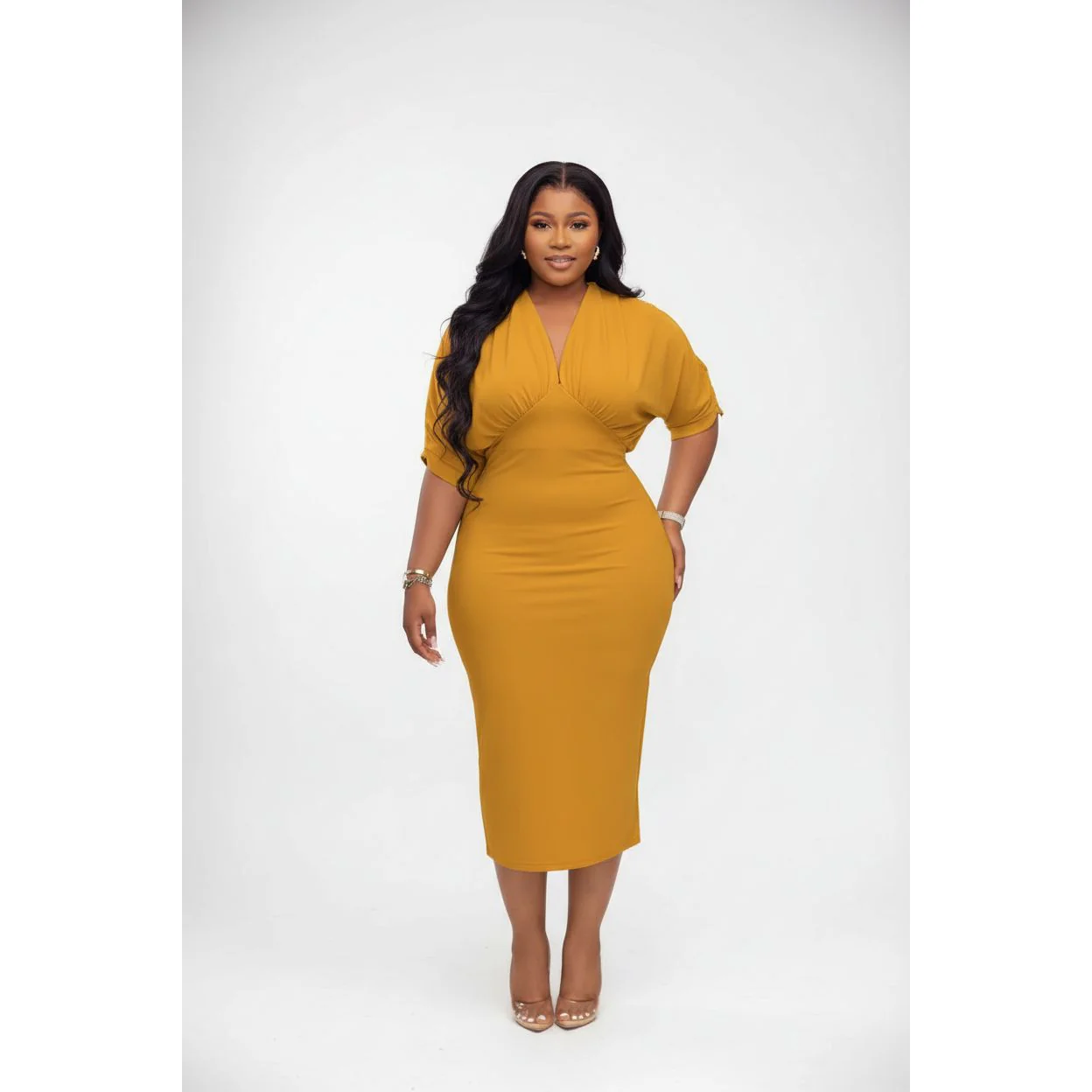 Plus Size Ruched Sleeves V-Neck Bodycon Dress - Image 4