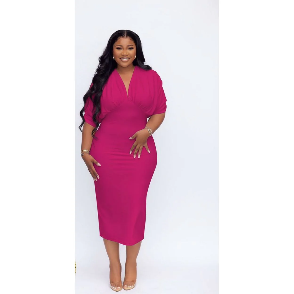 Plus Size Ruched Sleeves V-Neck Bodycon Dress - Image 5