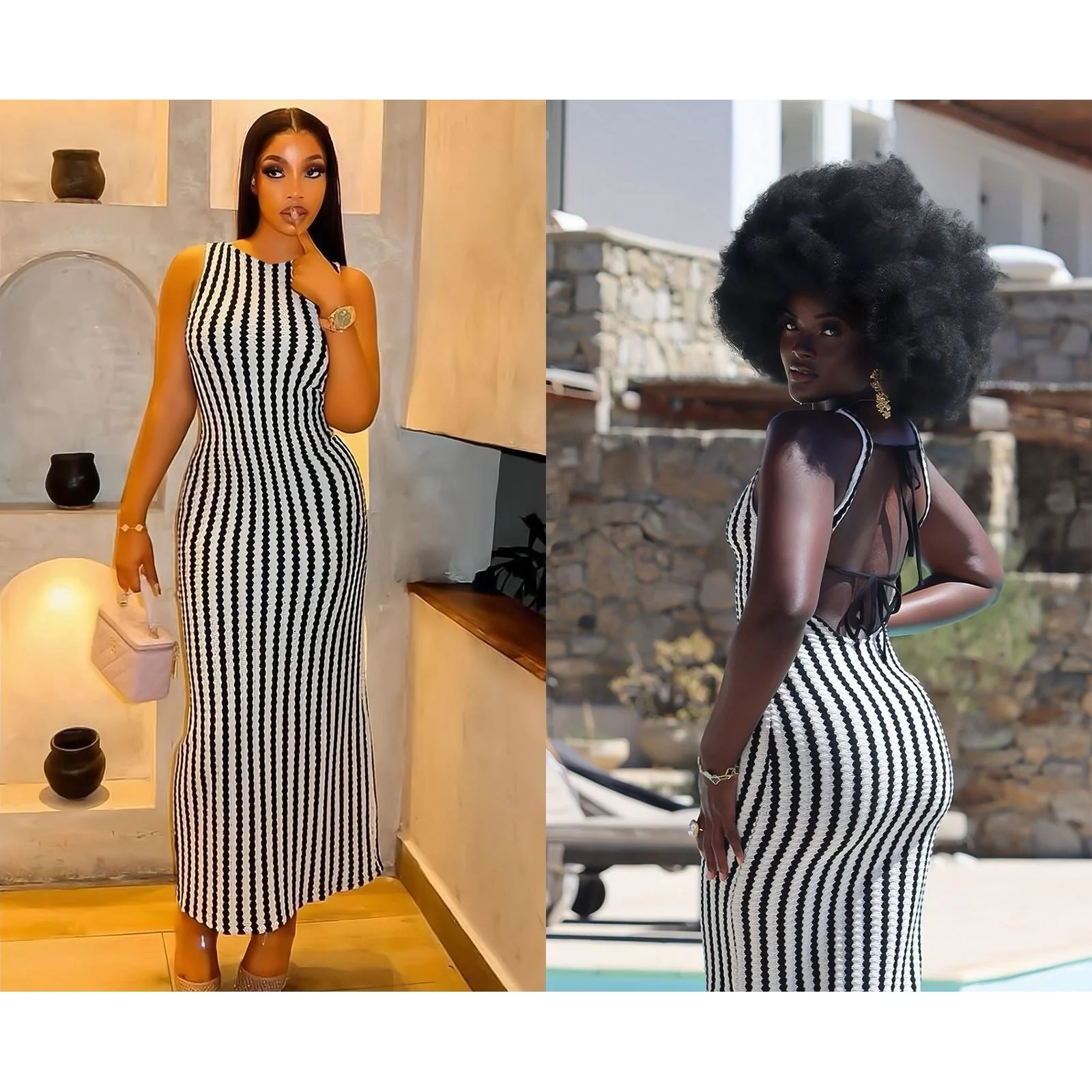 Women's Striped Bodycon Sleeveless Elegant Midi Dress - Image 4