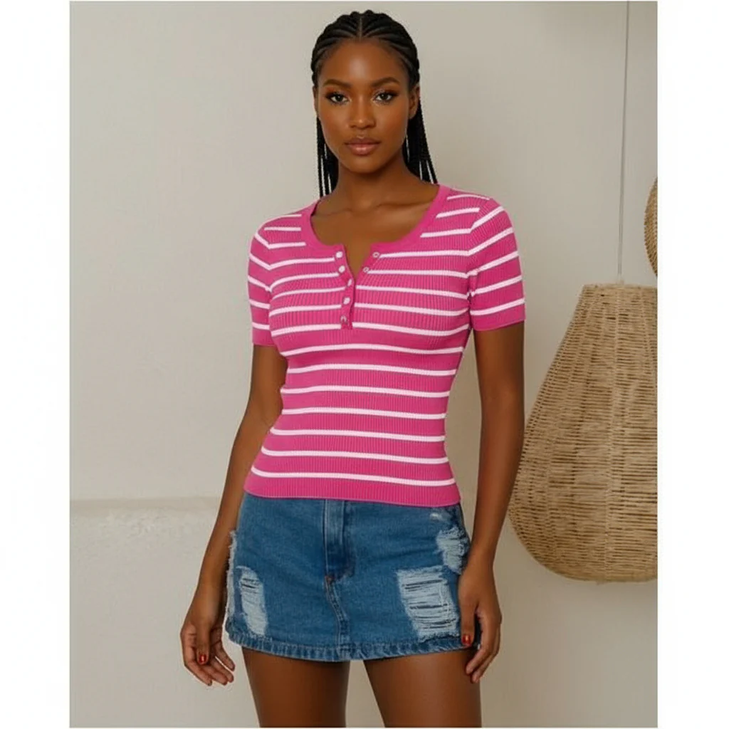 Women's Striped V-Neck Short Sleeve T-Shirt - Image 2