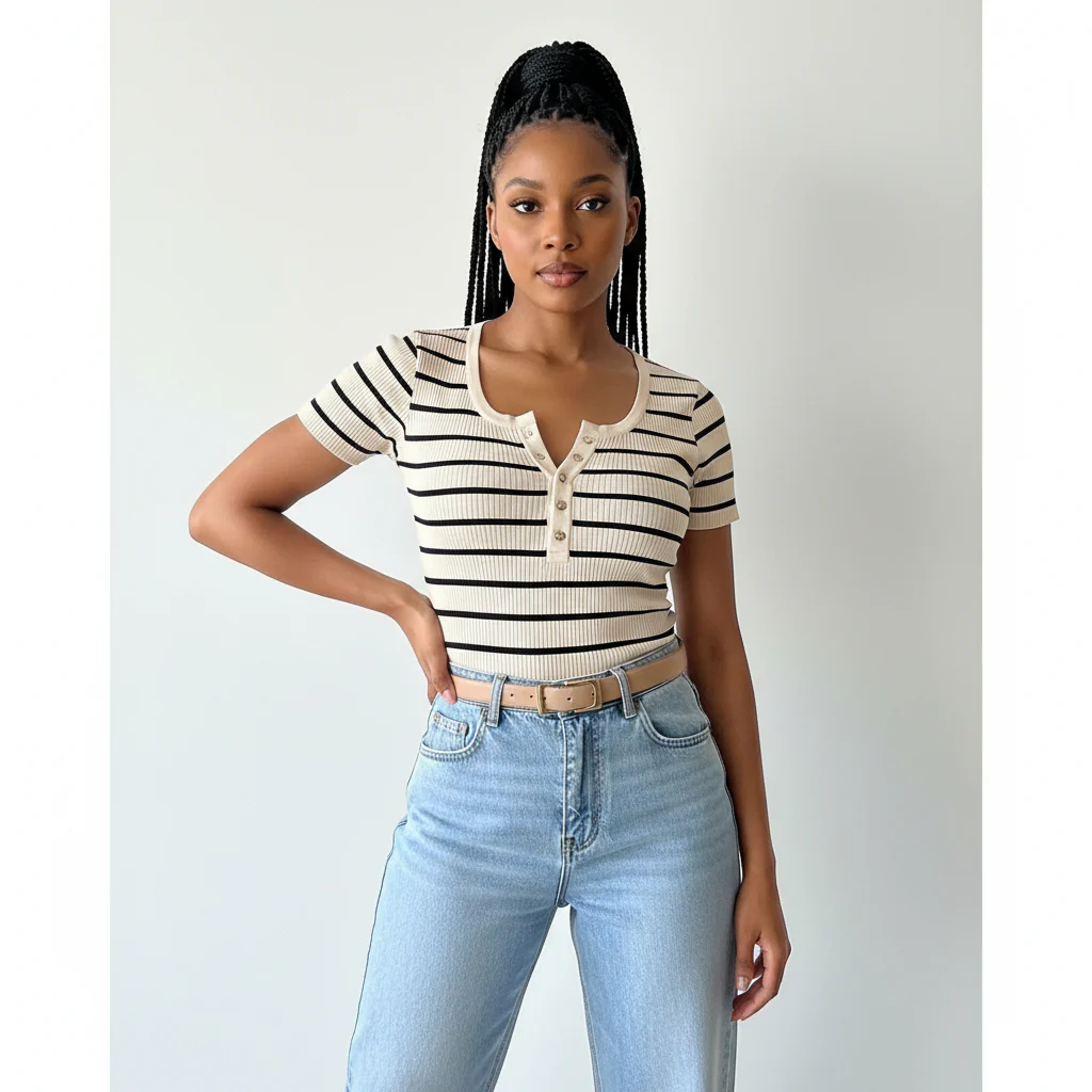 Women's Striped V-Neck Short Sleeve T-Shirt - Image 3