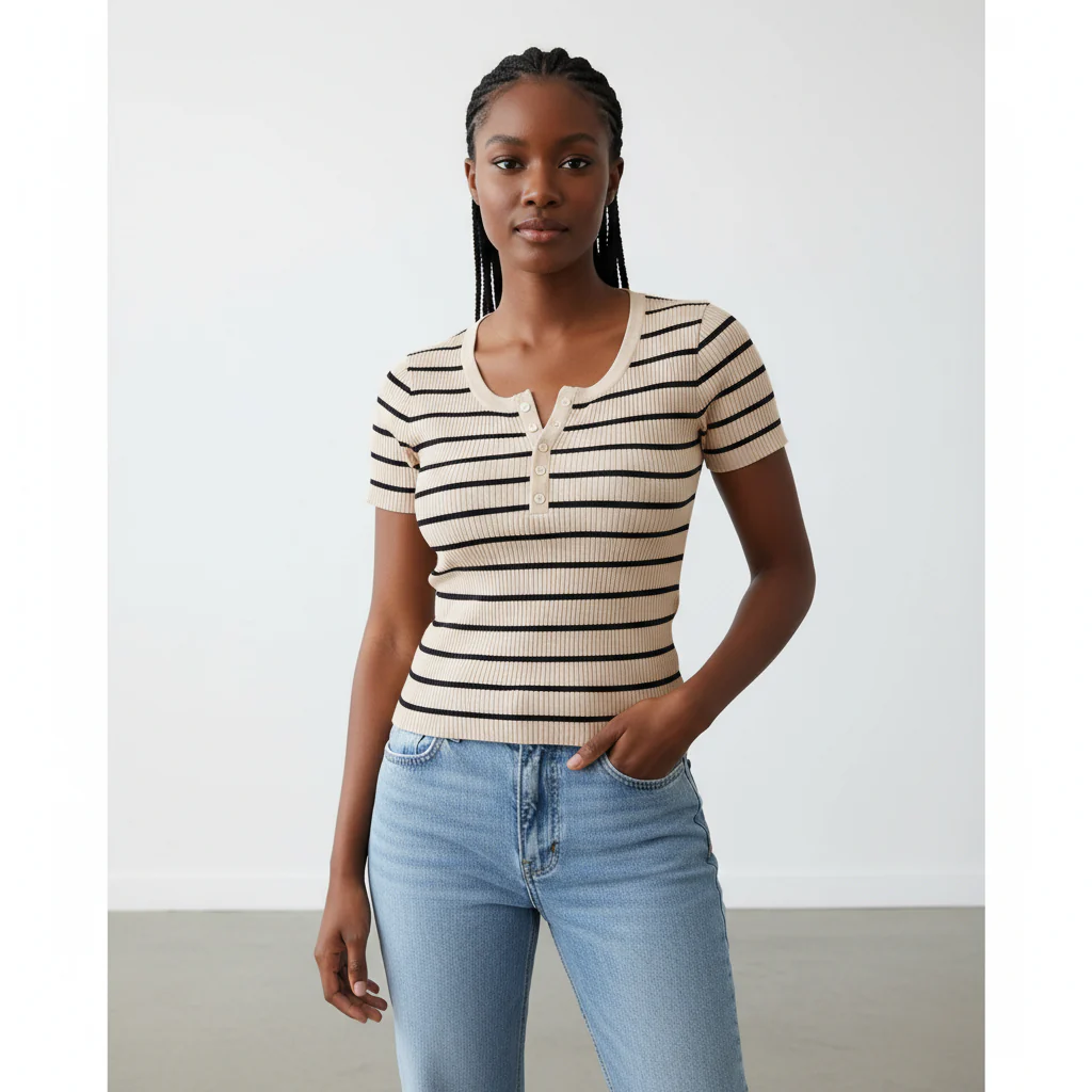 Women's Striped V-Neck Short Sleeve T-Shirt - Image 4