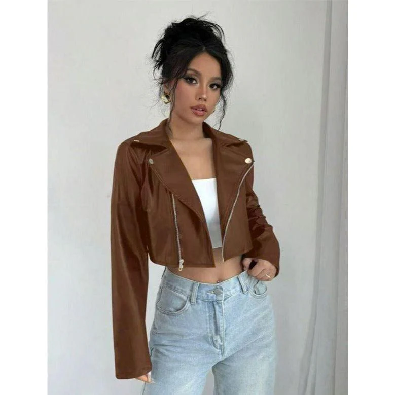 Textured Flap Zip Detail Crop PU Moto Jacket - Image 2