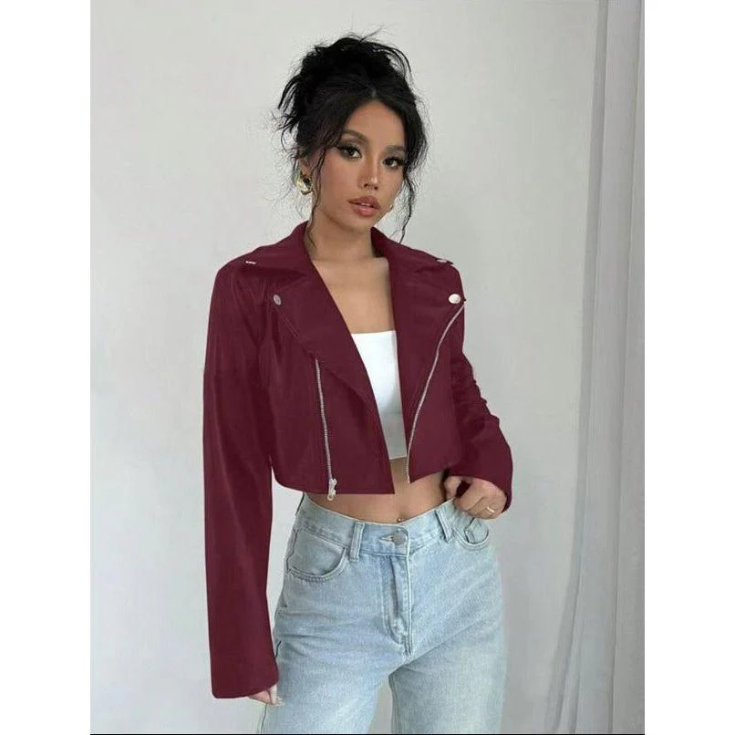 Textured Flap Zip Detail Crop PU Moto Jacket - Image 3