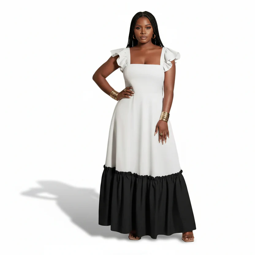 Women's Tie-back Ruffled Sleeves Color-block Maxi Dress - Image 2