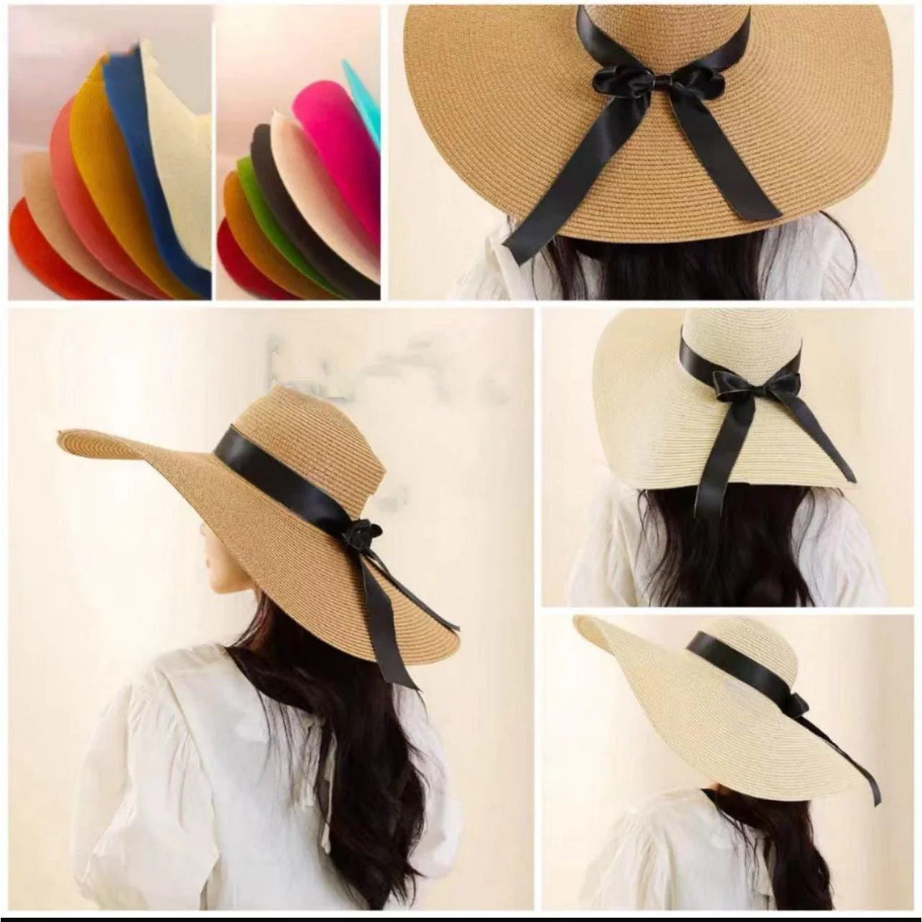Womens Wide Brim Sun Bowknot Straw Hat - Image 3