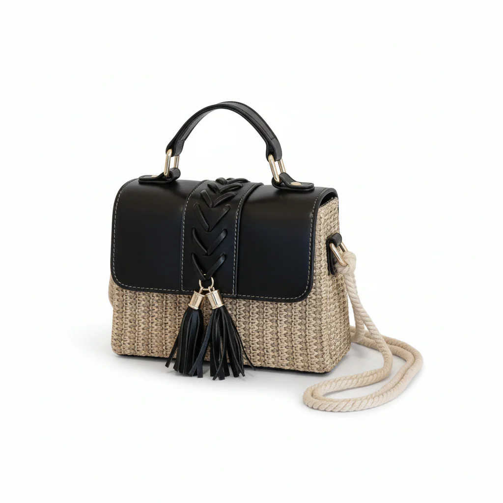 Woven Straw and PU Leather Crossbody Bag - Image 2