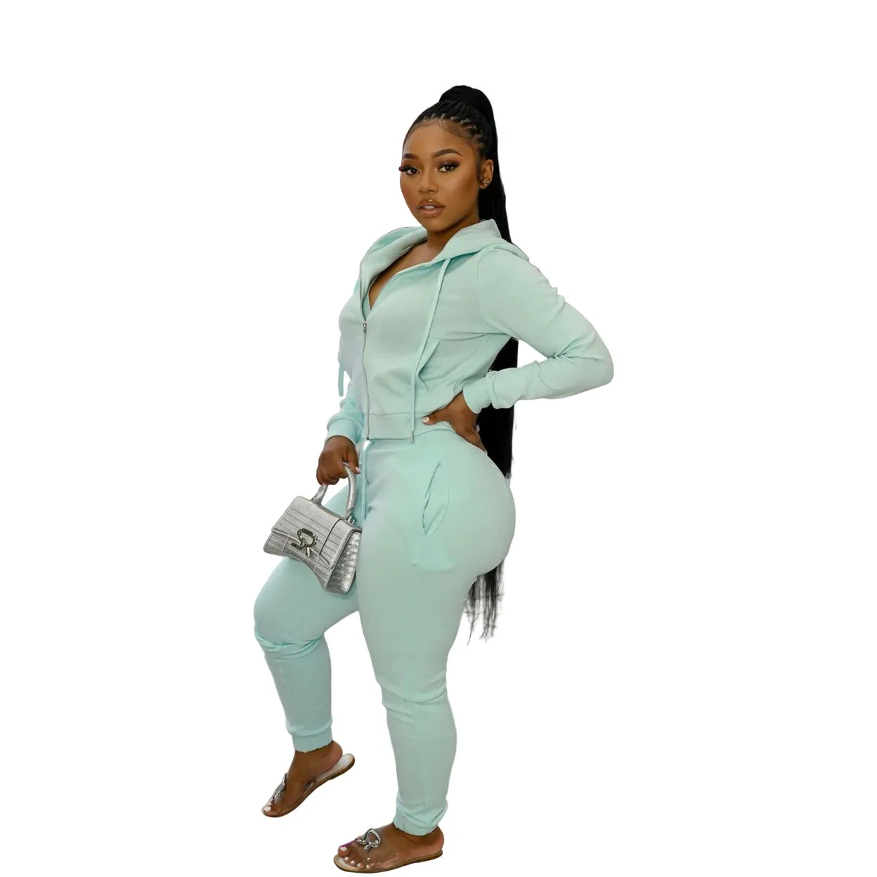 Zip Front Slant Pocket Drawstring Top & Pants Set - Image 2
